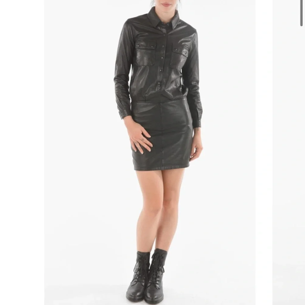 NWT! All Saints Black “Kadi” Leather Long Sleeve Mini Dress Size 4 - Picture 2 of 15